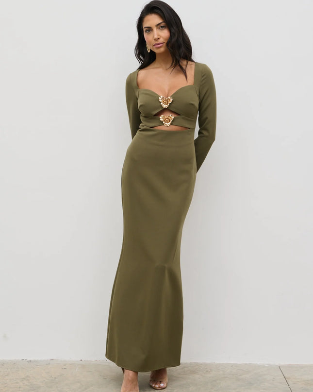 Corrine Gold Trim Cut Out Maxi Dress - Olive