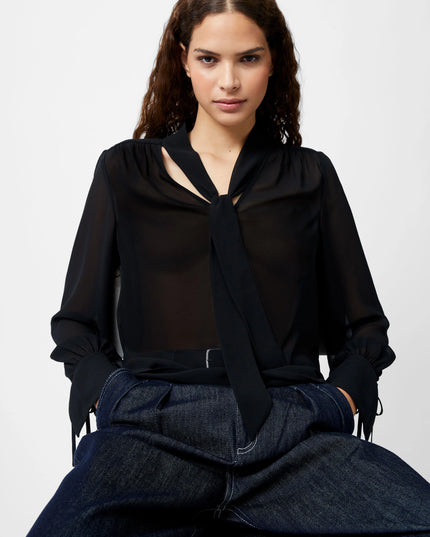 French Connection Eden Long Sleeve Tie-Neck Blouse - Black