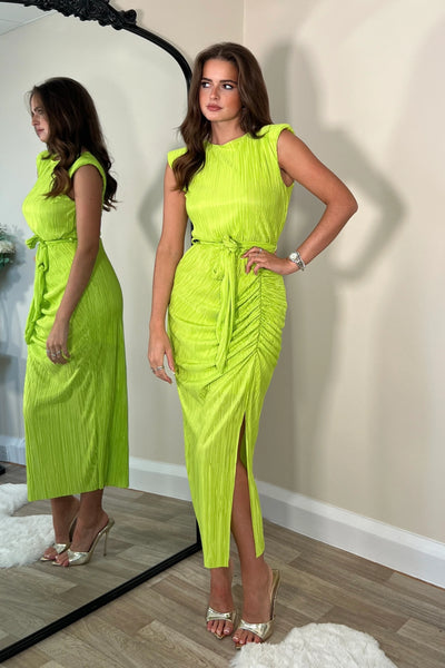 Elena Ruched Seamed Midi Dress - Lime