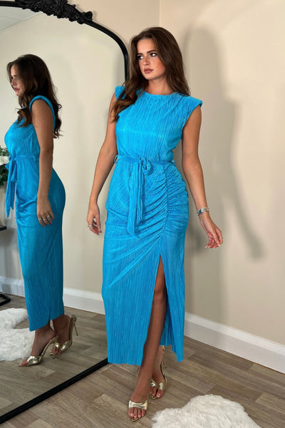Elena Ruched Seam Midi Dress - Blue