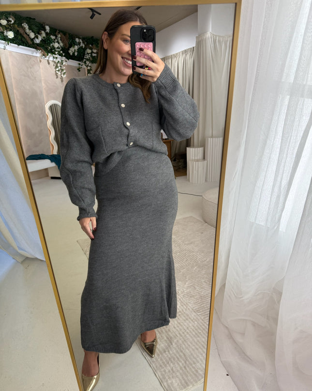 Cardigan and Midi Skirt Set - Grey
