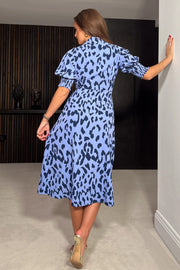 Katherin Blue Animal Print Collared Midi dress - Blue