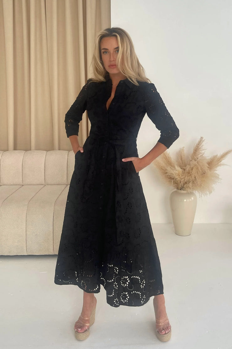 Michelle Broidery Shirt Maxi Dress - Black