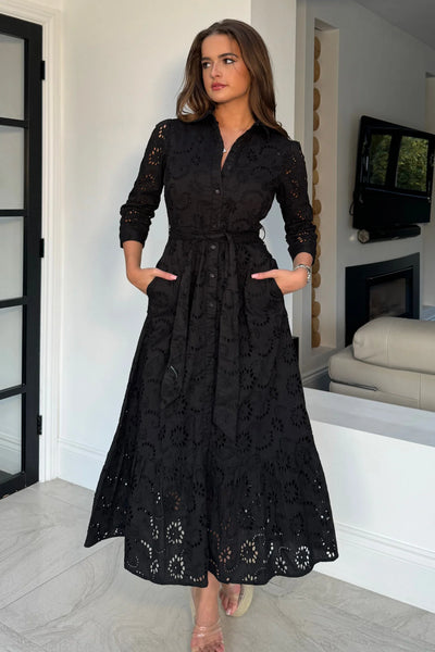 Michelle Broidery Shirt Maxi Dress - Black