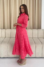 Michelle Broidery Shirt Maxi Dress - Coral