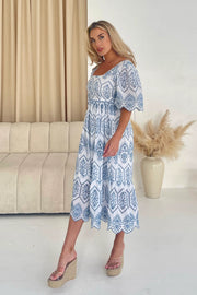 Aspen Two Tone Broidery Tiered Midaxi Dress - Blue