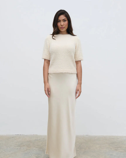 Kelly Cropped Fluffy Knit T-Shirt Cream