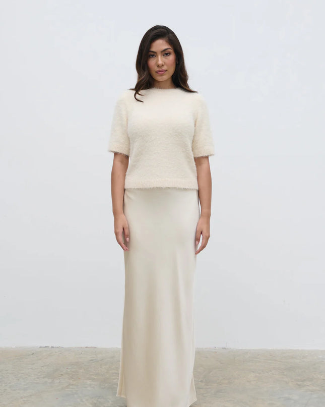 Kelly Cropped Fluffy Knit T-Shirt Cream