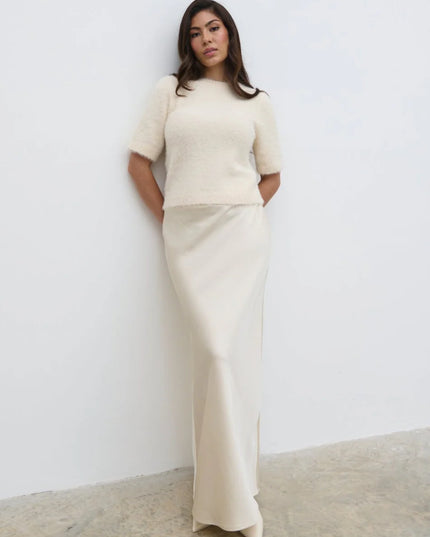 Kelly Cropped Fluffy Knit T-Shirt Cream