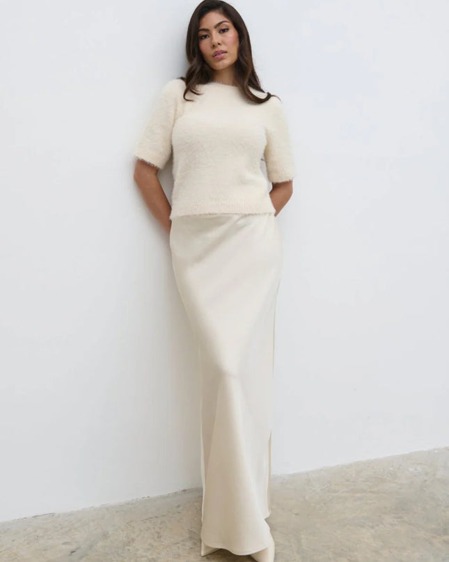 Kelly Cropped Fluffy Knit T-Shirt Cream