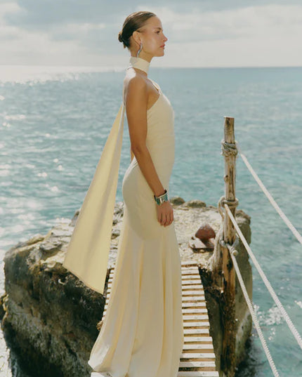 Porto One Shoulder Godet Maxi Dress - Lemon