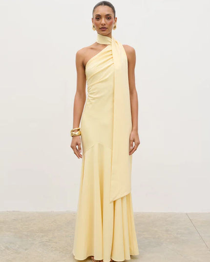 Porto One Shoulder Godet Maxi Dress - Lemon
