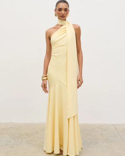 Porto One Shoulder Godet Maxi Dress - Lemon