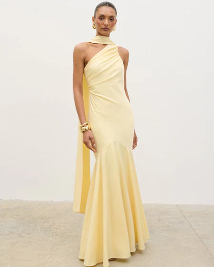 Porto One Shoulder Godet Maxi Dress - Lemon