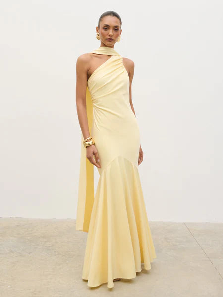Porto One Shoulder Godet Maxi Dress - Lemon