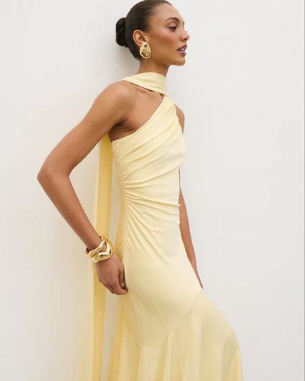 Porto One Shoulder Godet Maxi Dress - Lemon