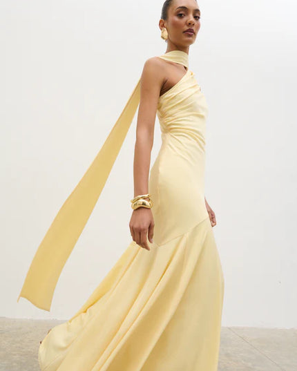 Porto One Shoulder Godet Maxi Dress - Lemon