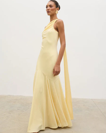Porto One Shoulder Godet Maxi Dress - Lemon