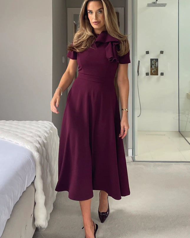 Minta Bow Detail Short Sleeve Midi Dress - Plum