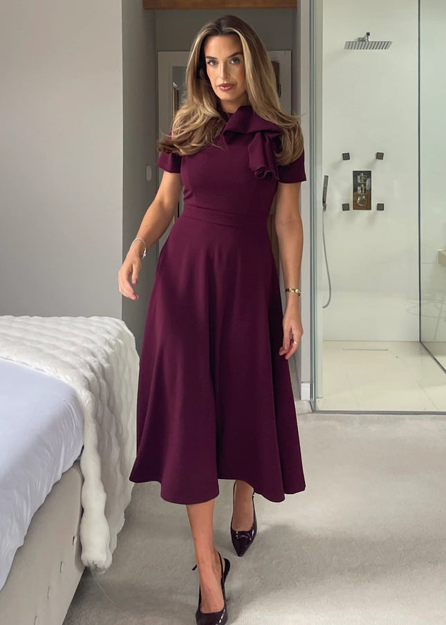 Minta Bow Detail Short Sleeve Midi Dress - Plum