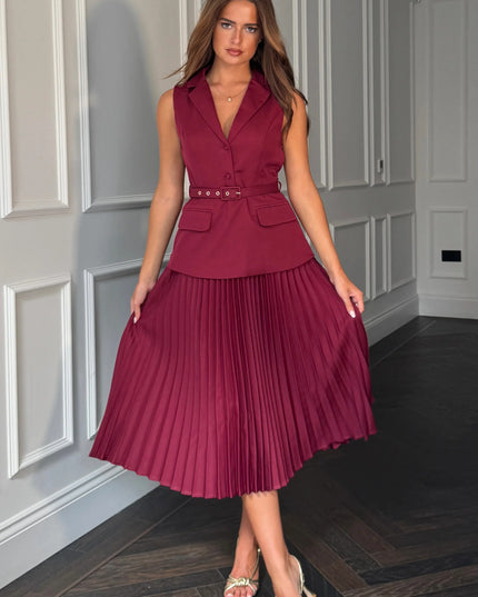 Agatha Pleated Skirt Waistcoat Dress - Berry