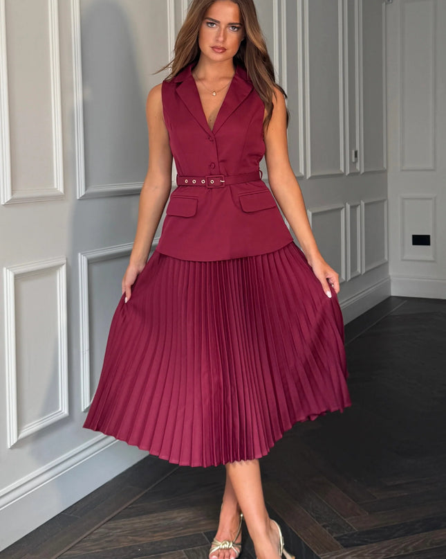 Agatha Pleated Skirt Waistcoat Dress - Berry