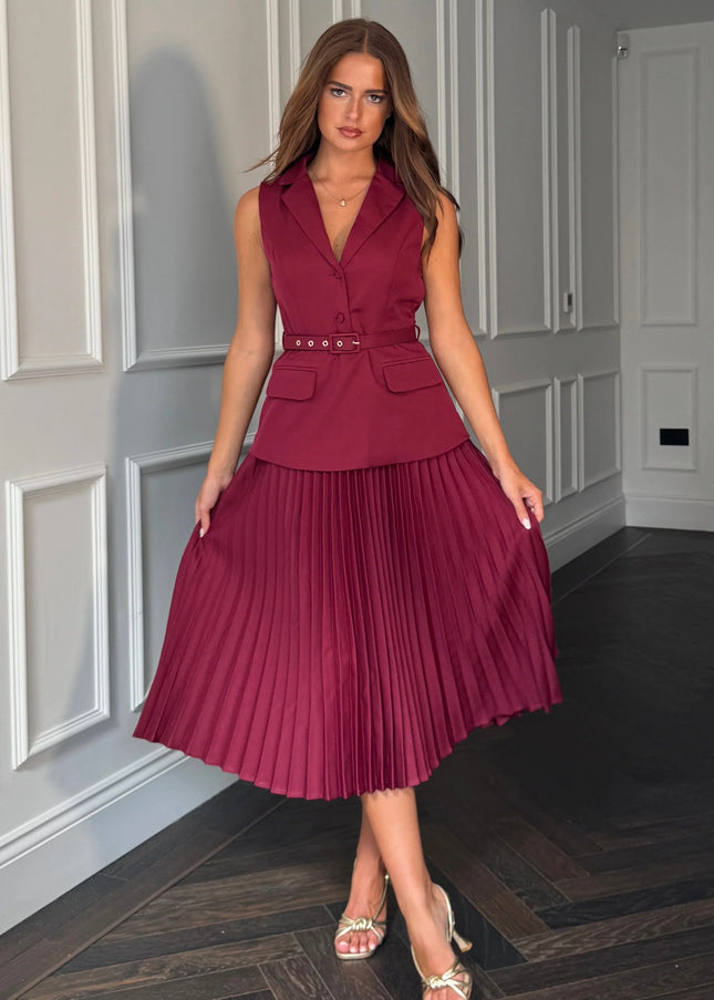 Agatha Pleated Skirt Waistcoat Dress - Berry