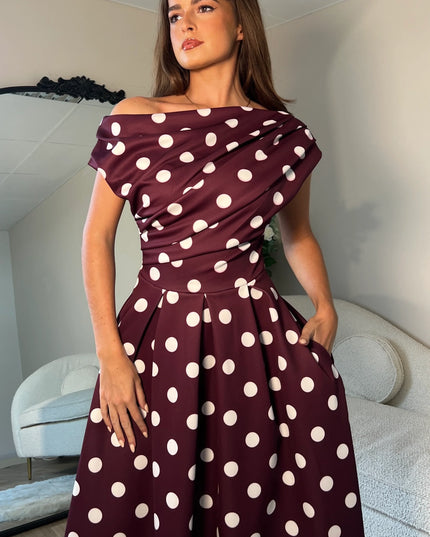 Betty Asymmetric Neckline Skater Midi Berry Spot