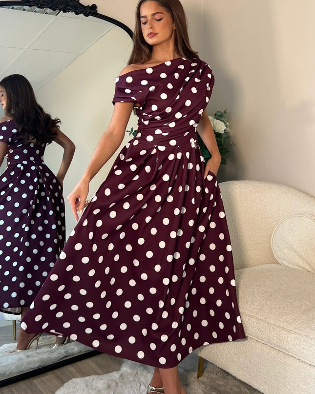 Betty Asymmetric Neckline Skater Midi Berry Spot