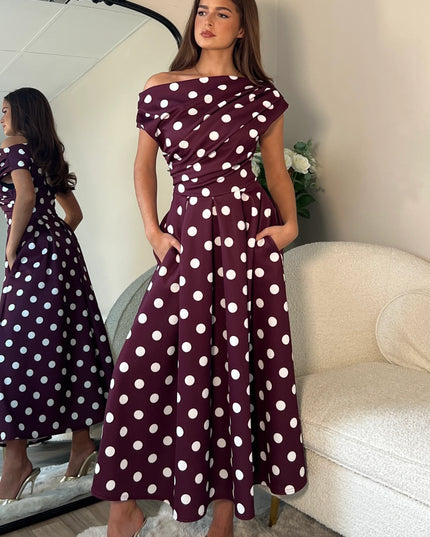 Betty Asymmetric Neckline Skater Midi Berry Spot