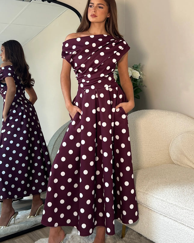 Betty Asymmetric Neckline Skater Midi Berry Spot