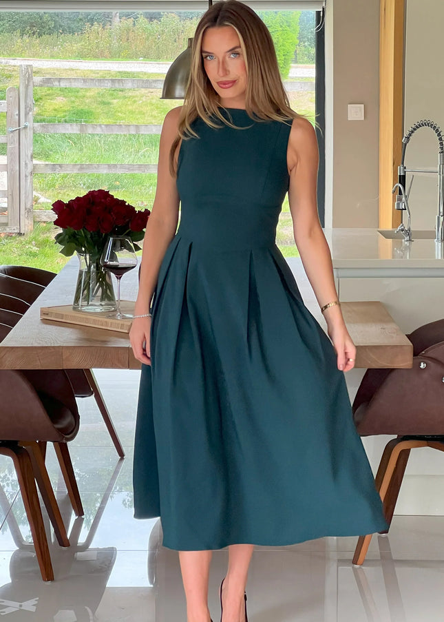 Nesta Boat Neck Skater Midi Dress- Green
