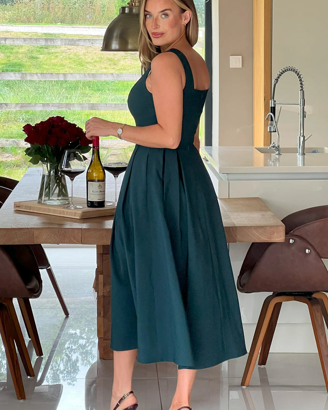 Nesta Boat Neck Skater Midi Dress- Green