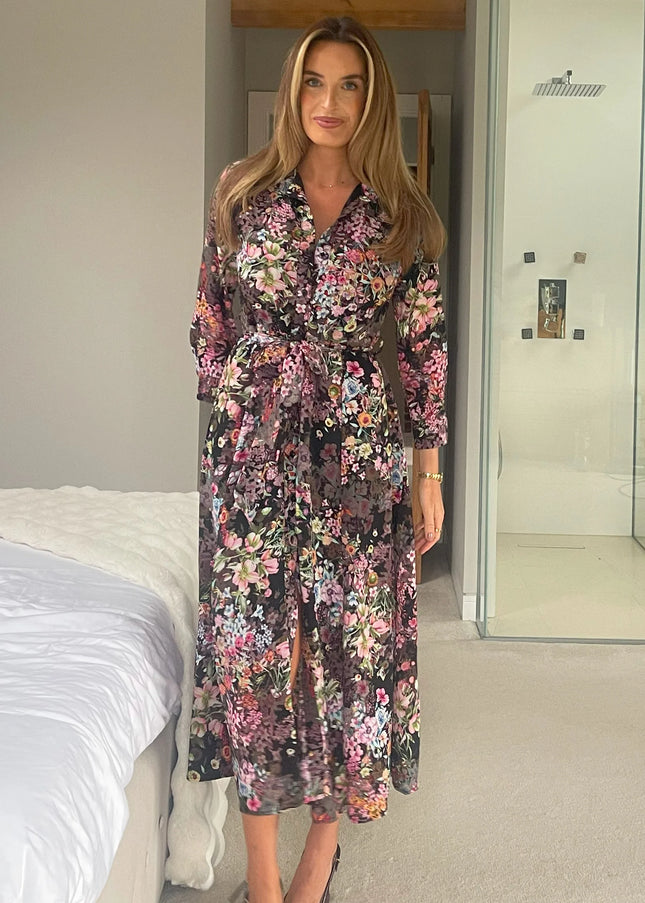 Angela Black Floral Shirt Maxi Dress
