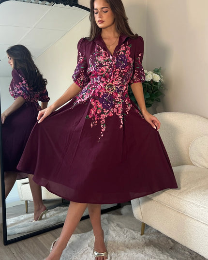 Holland Boarder Print Midi Dress Plum Floral