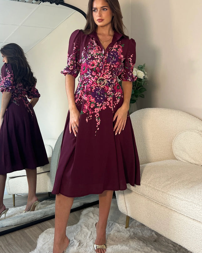 Holland Boarder Print Midi Dress Plum Floral
