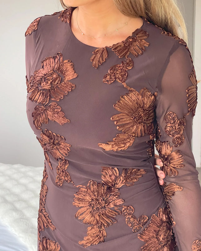 Elodie Floral Embroidered Mesh Brown