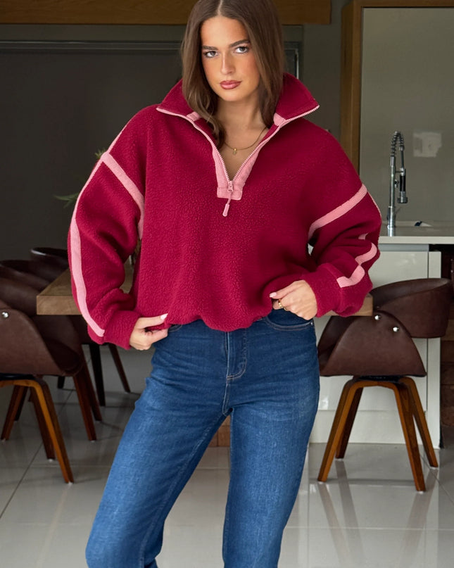 Lulu Contrast Binding 1/4 Zip Fleece - Berry
