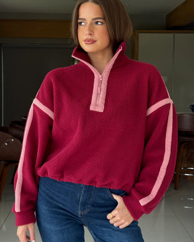 Lulu Contrast Binding 1/4 Zip Fleece - Berry
