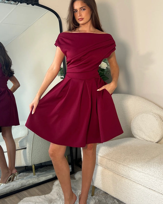 Betty Asymmetric Neckline Skater Mini Dress - Berry