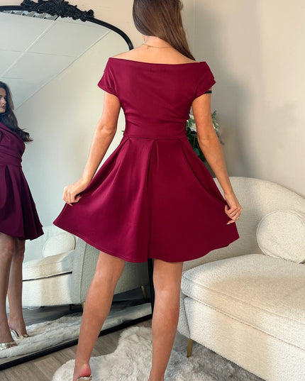Betty Asymmetric Neckline Skater Mini Dress - Berry