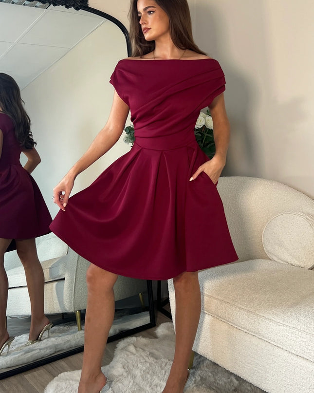 Betty Asymmetric Neckline Skater Mini Dress - Berry