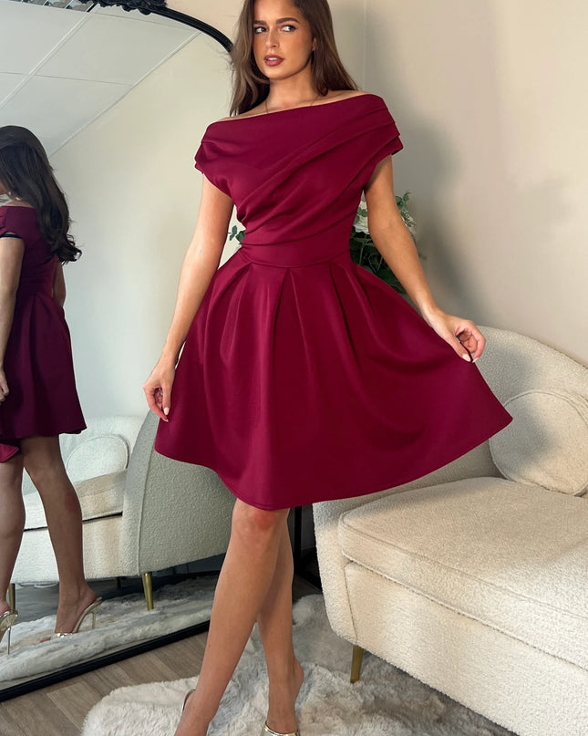 Betty Asymmetric Neckline Skater Mini Dress - Berry