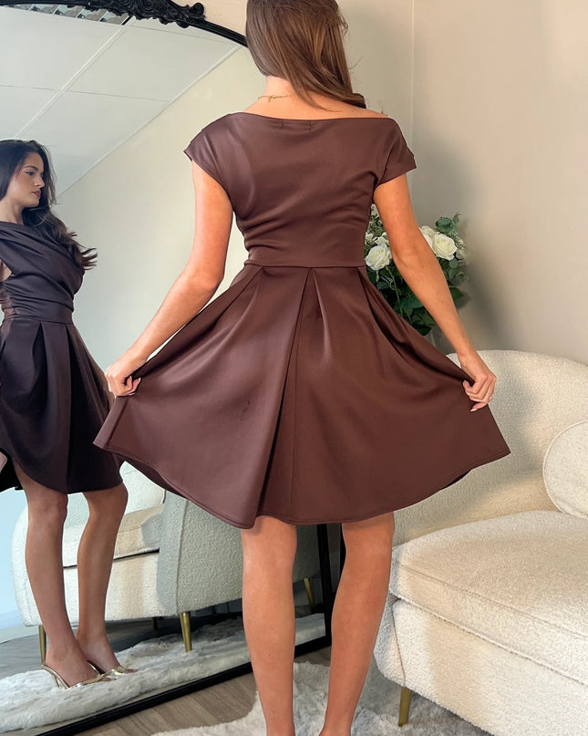 Betty Asymmetric Neckline Skater Mini Dress - Brown