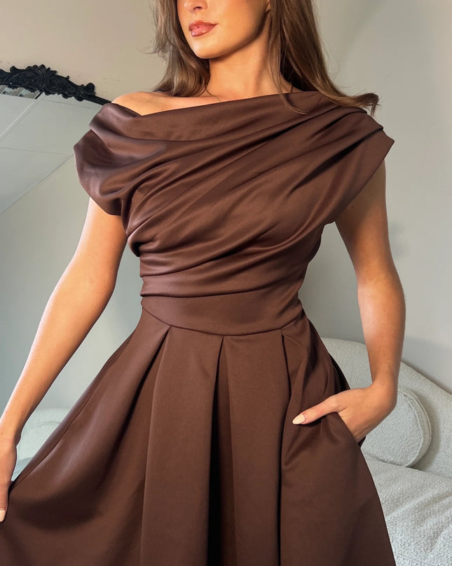 Betty Asymmetric Neckline Skater Mini Dress - Brown