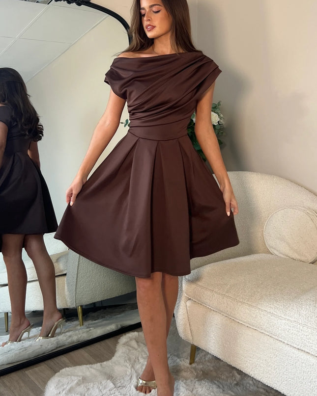 Betty Asymmetric Neckline Skater Mini Dress - Brown
