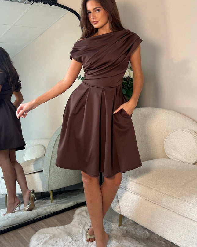 Betty Asymmetric Neckline Skater Mini Dress - Brown
