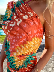 Antigua One Shoulder Plisse Dress - Sunset Print