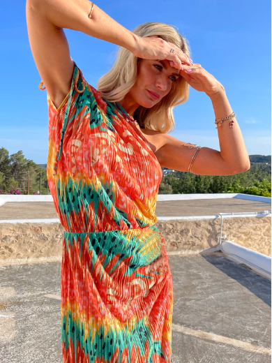 Antigua One Shoulder Plisse Dress - Sunset Print