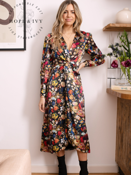 Hope Ivy Sanne Knot Front Satin Midi Dress Dark Florals
